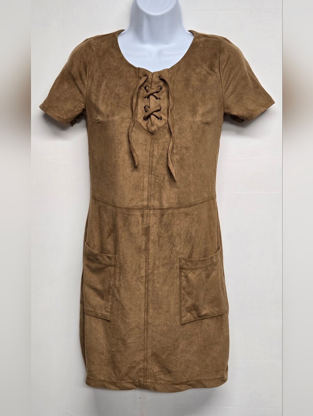 Hollister XS Shift Dress Faux Suede Front Tie Pockets Stretch Fabric Beige
